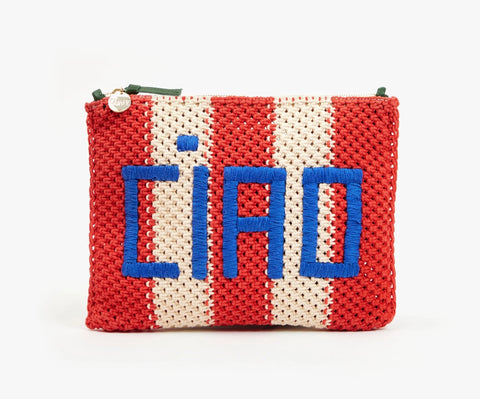 Clare V ciao crochet cotton striped clutch at maeree