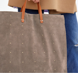 clare v gray suede simple tote with gray studs at maeree