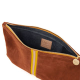 clare v chestnut suede flat clutch inlaid stripes at maeree